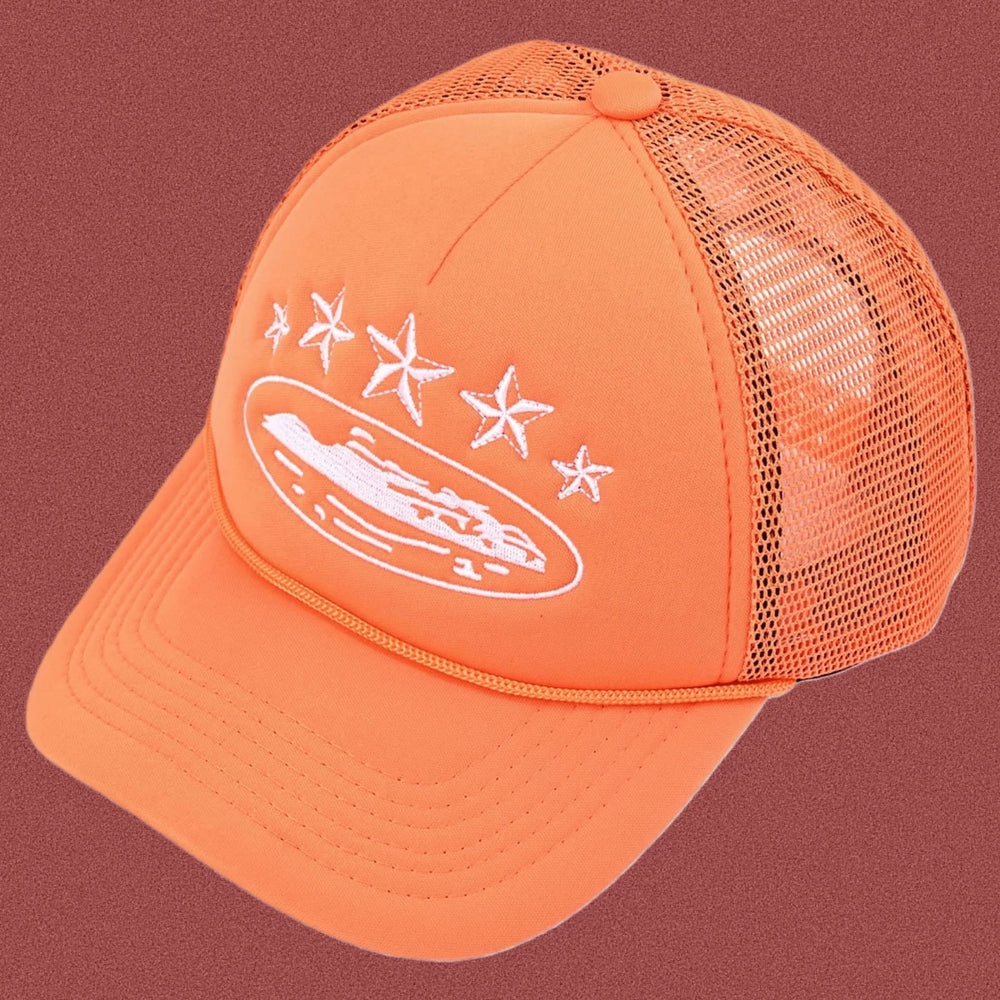 Corteiz Vintage Orange Trucker Hat with White Stars and Cruise Ship Graphic