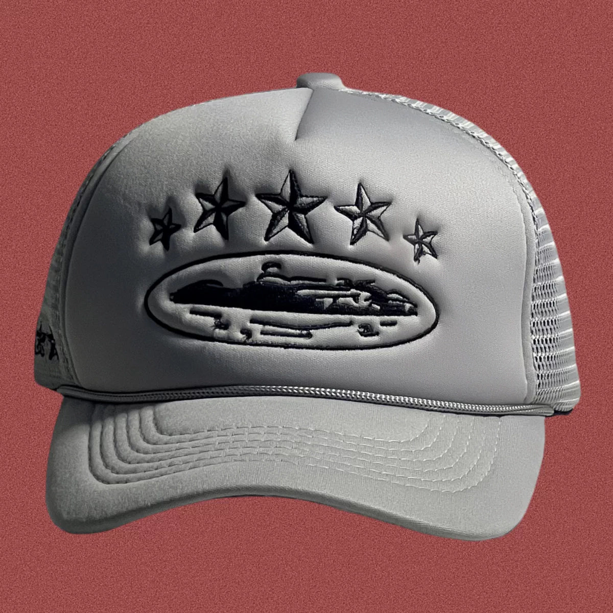Corteiz Vintage Grey Trucker Hat with Black Stars and Cruise Ship Graphic