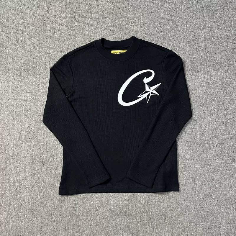 Corteiz C-Star Logo Long Sleeve Thermal Tee - Black