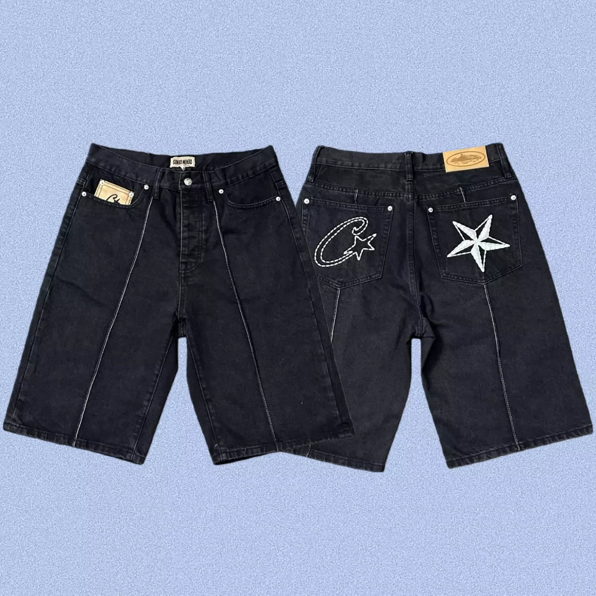 Corteiz Back Star Embroidery Heavyweight Denim Shorts Black