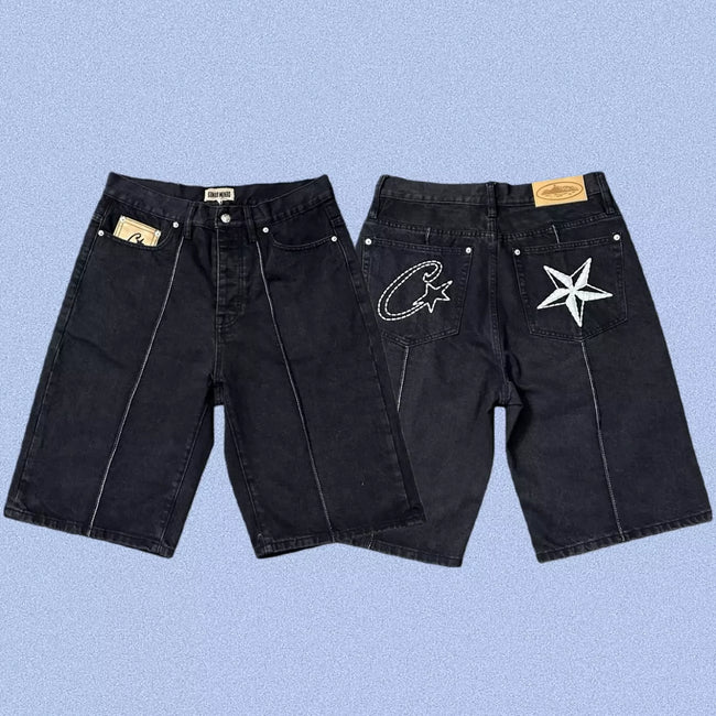 Corteiz Back Star Embroidery Heavyweight Denim Shorts Black Hover Image