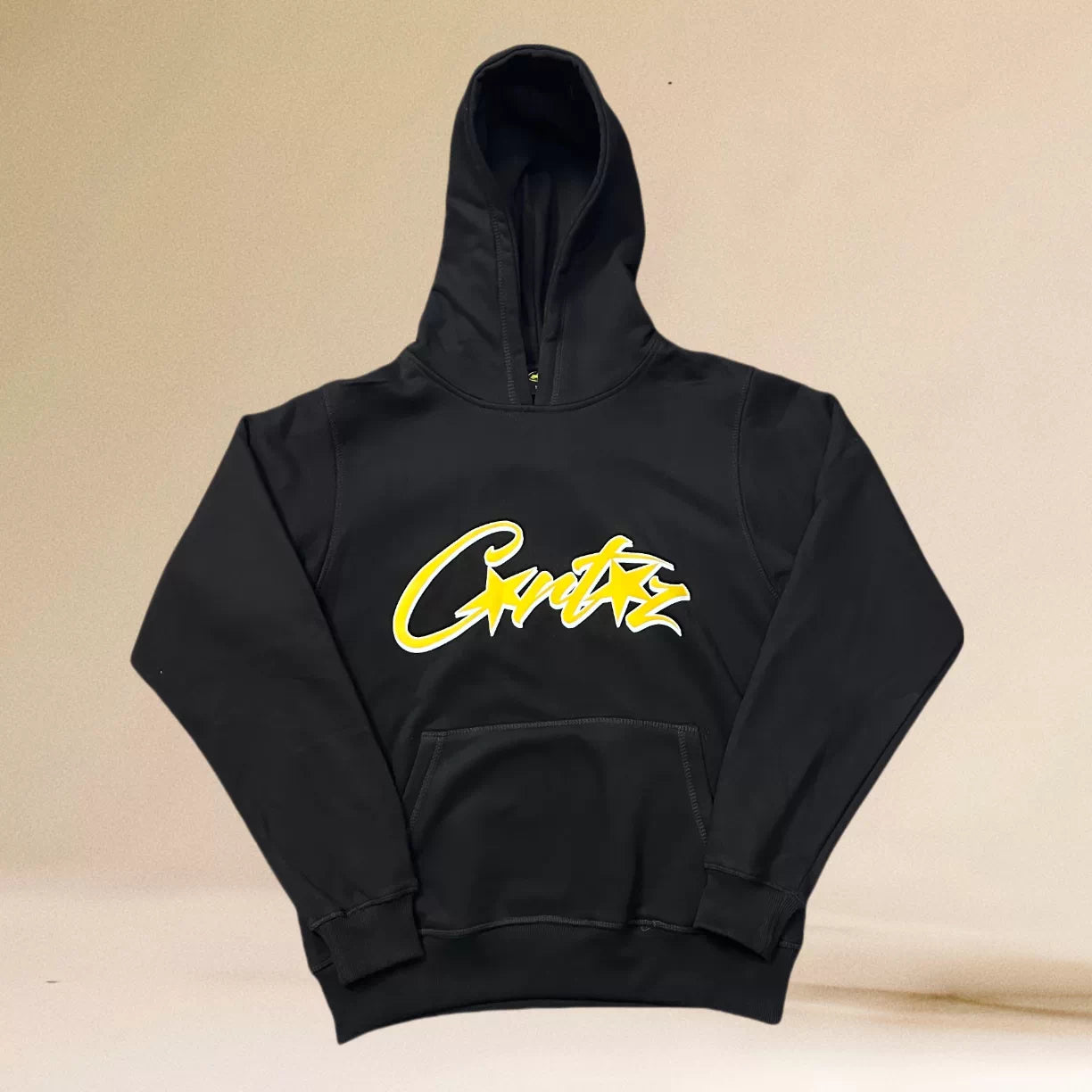 Corteiz Yellow Script Logo Heavyweight Hoodie black