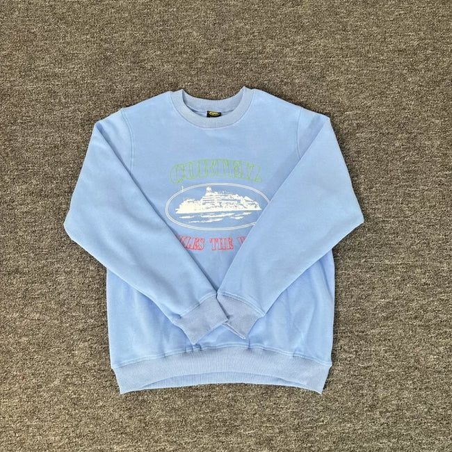 Corteiz "Rules The World" Island Logo Heavyweight Crewneck Sweatshirt - Blue Hover Image