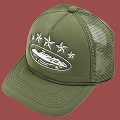 Corteiz Vintage Olive Green Trucker Hat with White Stars and Cruise Ship Graphic