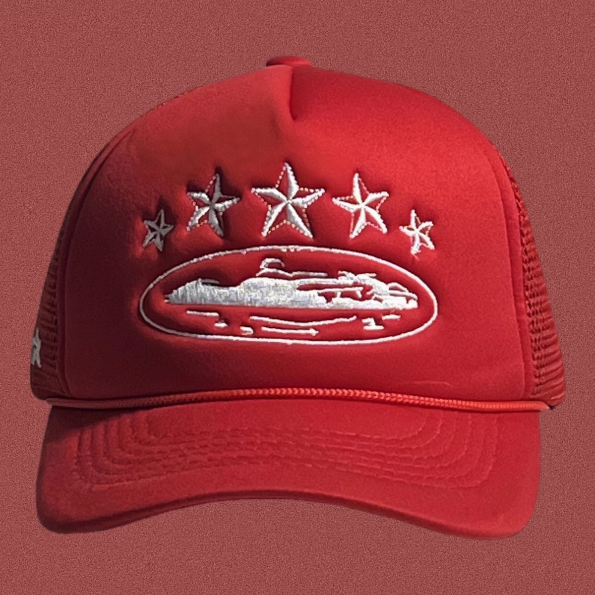 Corteiz Vintage Red Trucker Hat with White Stars and Cruise Ship Graphic