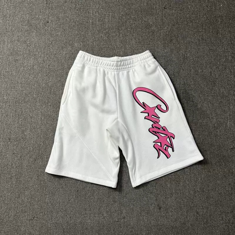 Corteiz Signature Script Logo Heavyweight Shorts - Pink Print white