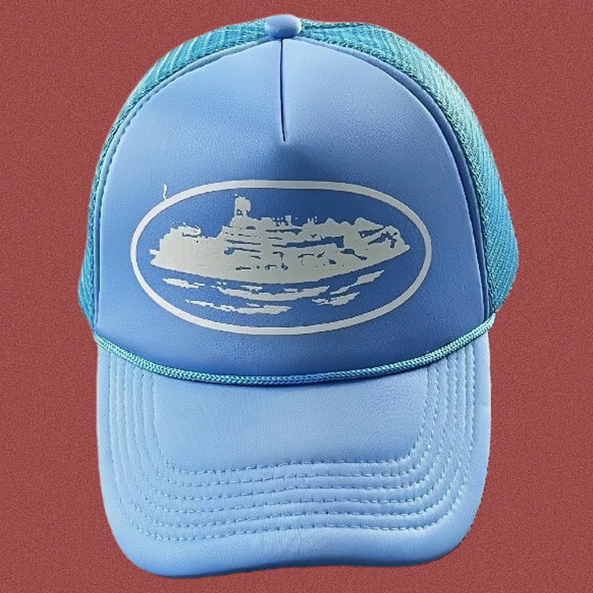 Cortiez Bold White Oval Ship Logo Trucker Hat - Light Blue