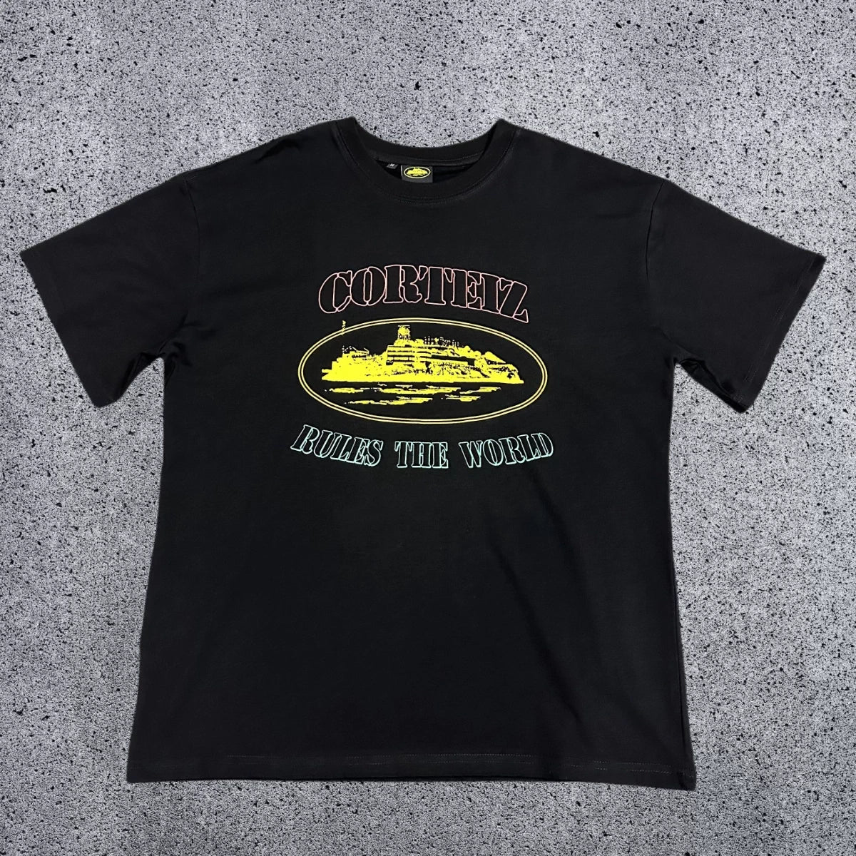 Corteiz "Rules The World" Alcatraz Graphic Tee (Black Multi-Color Edition)