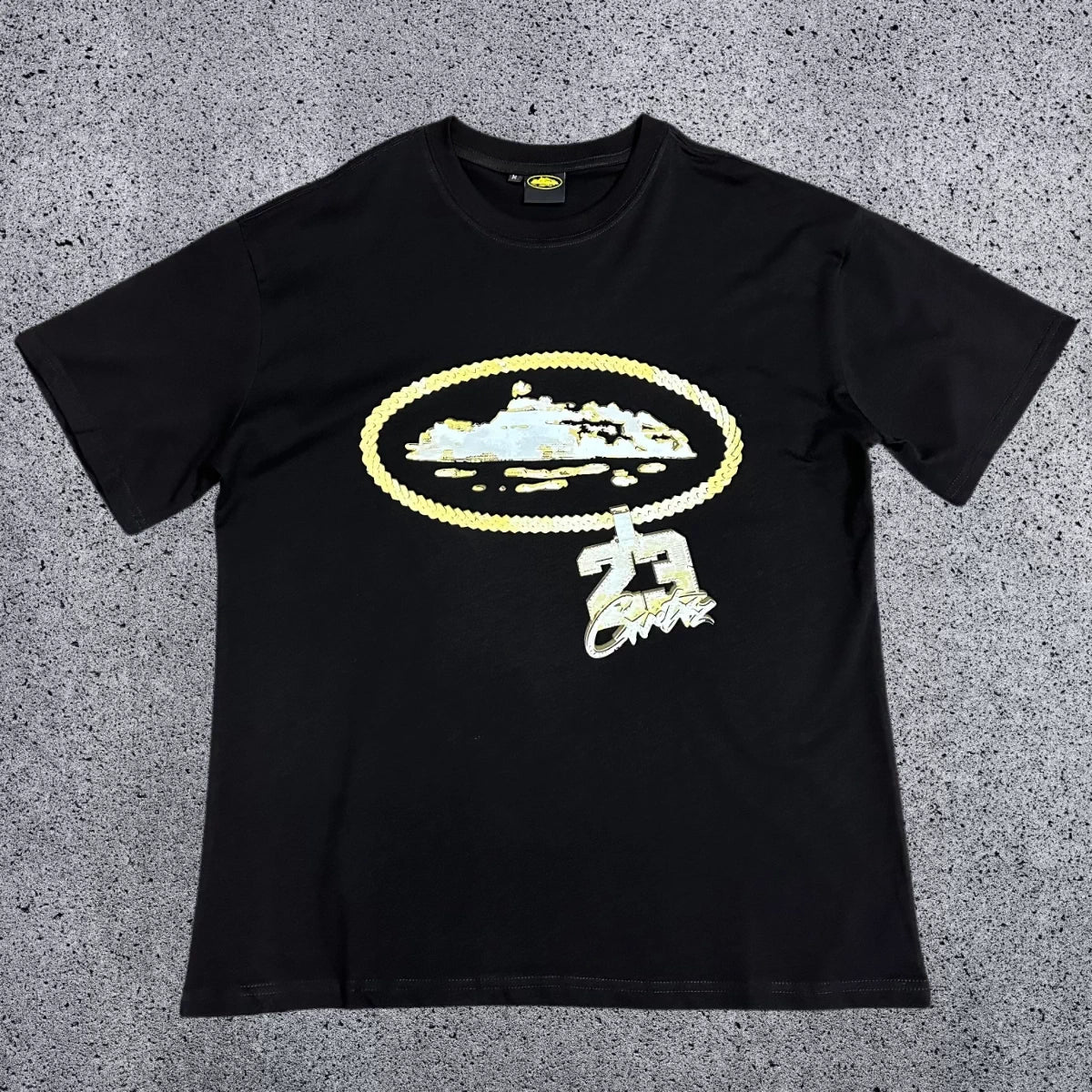 Corteiz Gold Chain & "23" Pendant Logo T-Shirt - Black Streetwear Tee
