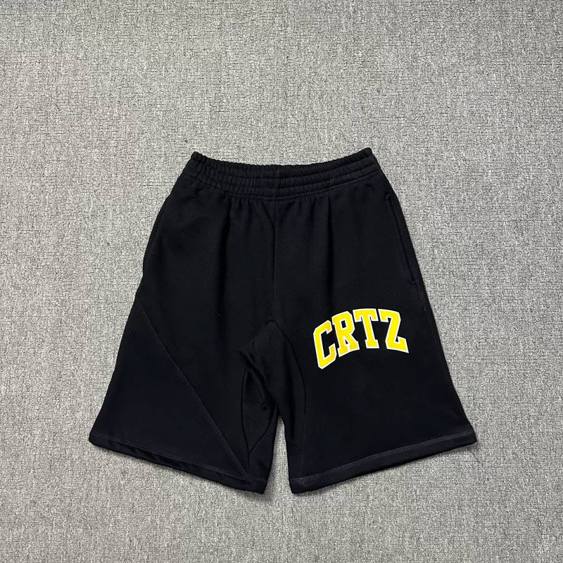 Corteiz Collegiate Arc Logo Heavyweight Shorts - Black yellow