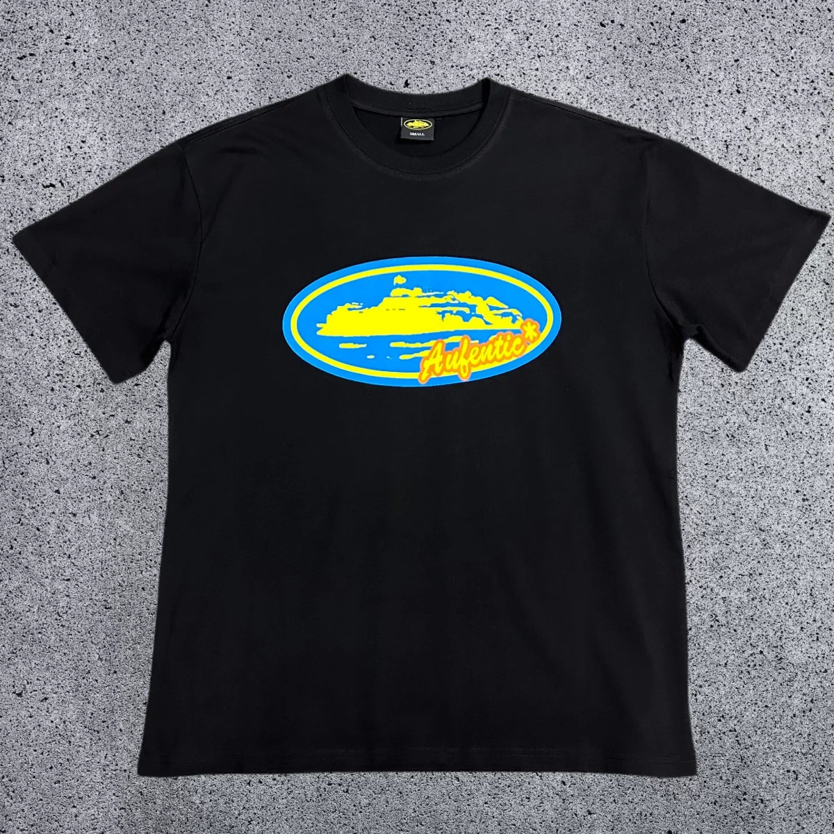 Corteiz Authentic Oval Logo T-Shirt – Black/Blue & Yellow
