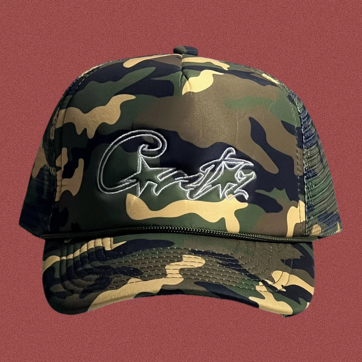 Corteiz Vintage Camo Trucker Hat with Signature Script Logo