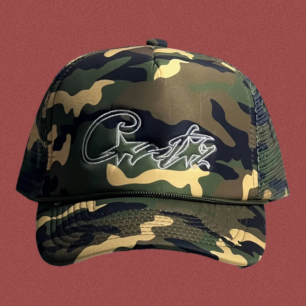 Corteiz Vintage Camo Trucker Hat with Signature Script Logo