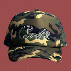 Corteiz Vintage Camo Trucker Hat with Signature Script Logo