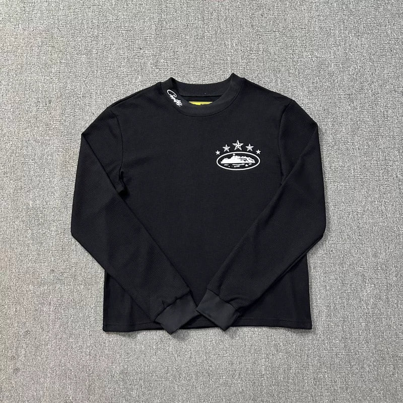Corteiz Alcatraz 4-Star Logo Long Sleeve Thermal Tee - Black