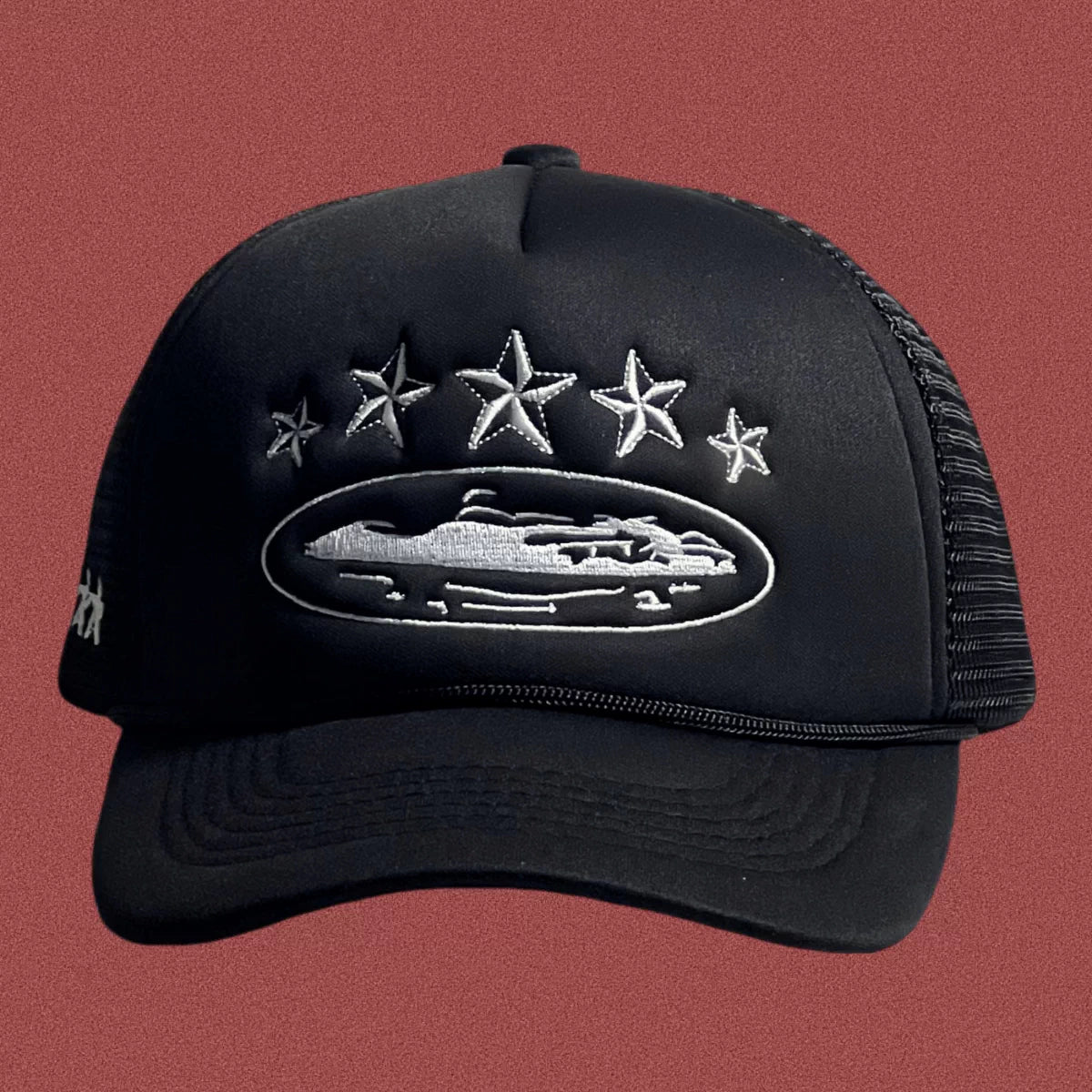 Vintage Black Trucker Hat with Silver Stars and Cruise Ship Graphic