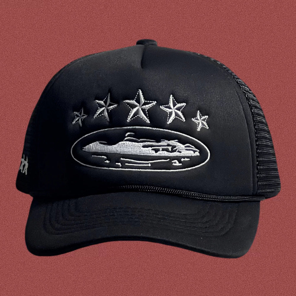 Vintage Black Trucker Hat with Silver Stars and Cruise Ship Graphic