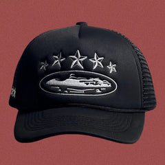 Vintage Black Trucker Hat with Silver Stars and Cruise Ship Graphic