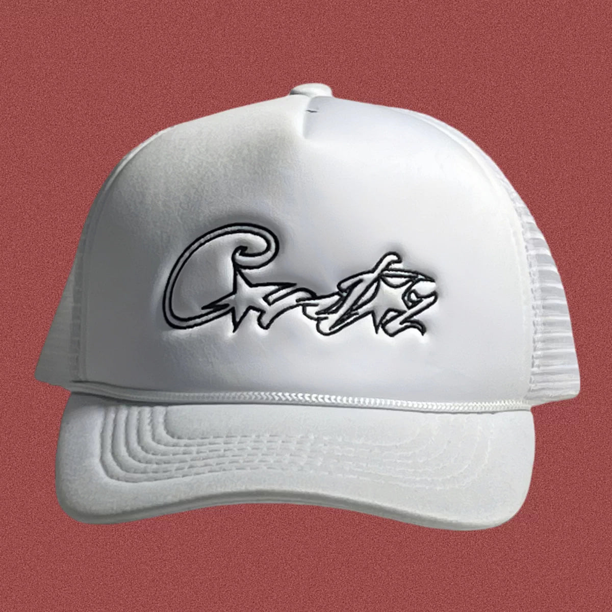 Corteiz Vintage White Trucker Hat with Black Script and Star Graphic