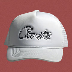 Corteiz Vintage White Trucker Hat with Black Script and Star Graphic
