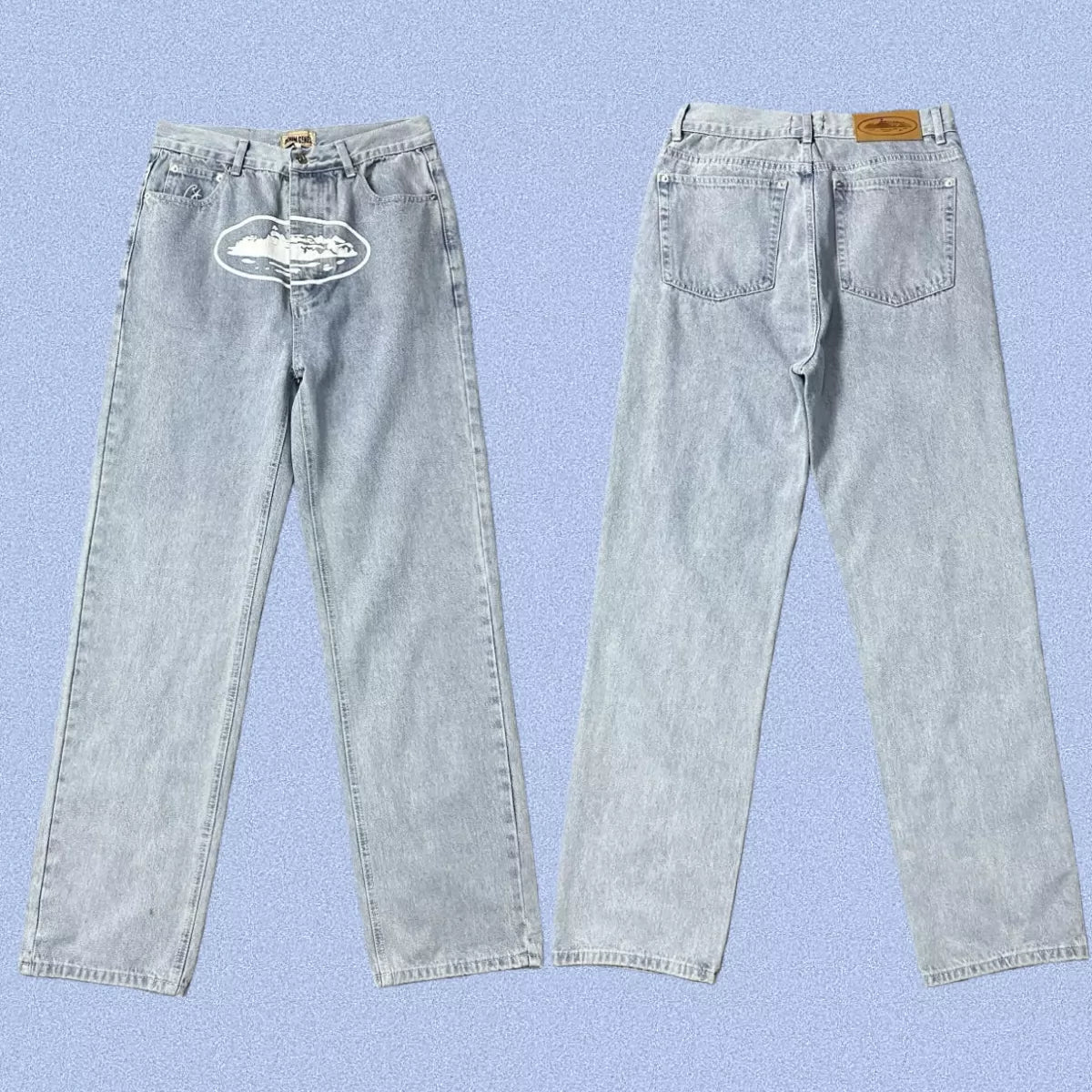 Corteiz Alcatraz Island Front Logo Heavyweight Denim Pants - Light Blue