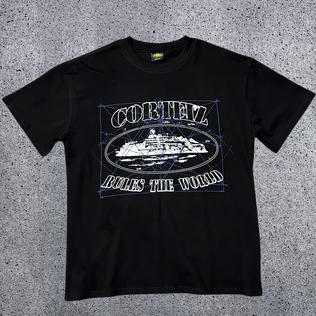 Corteiz "Rules The World" Blueprint Graphic T-Shirt – Black | Authentic Streetwear Hover Image
