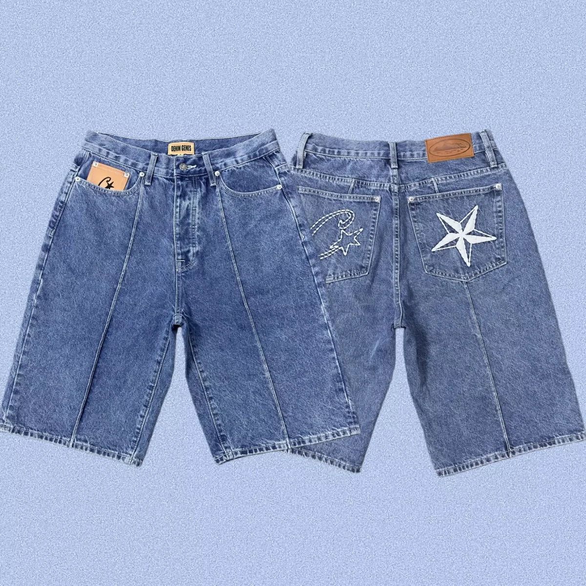Corteiz Back Star Embroidery Heavyweight Denim Shorts BLue