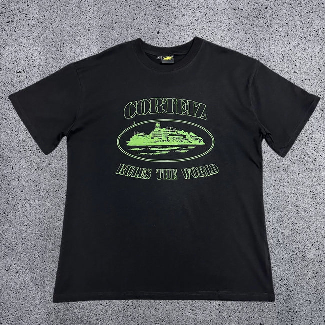 Corteiz "Rules The World" Alcatraz Graphic Tee (Black & Green Edition) Hover Image