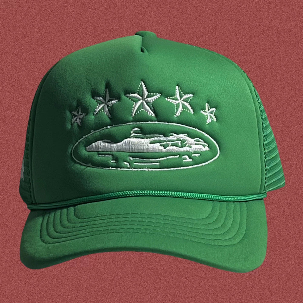 Corteiz Vintage Green Trucker Hat with White Stars and Cruise Ship Graphic