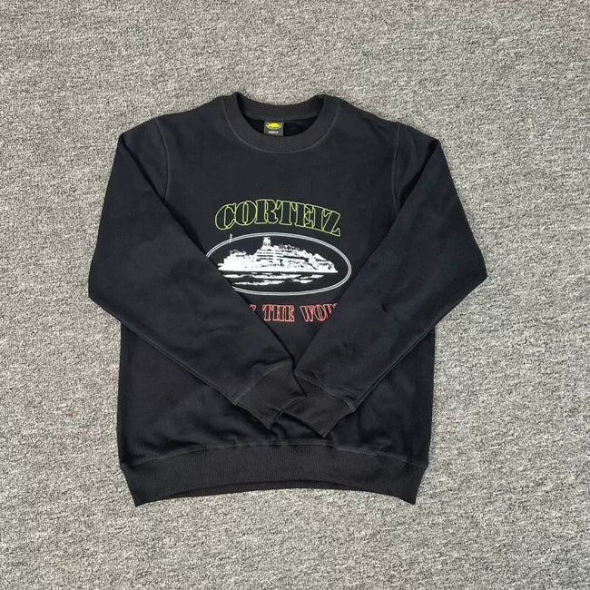 Corteiz "Rules The World" Island Logo Heavyweight Crewneck Sweatshirt - Black Hover Image