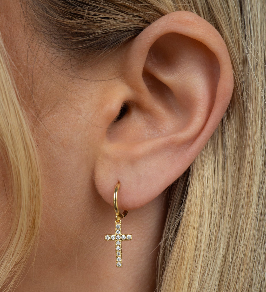 Pave Cross Huggies | Gold