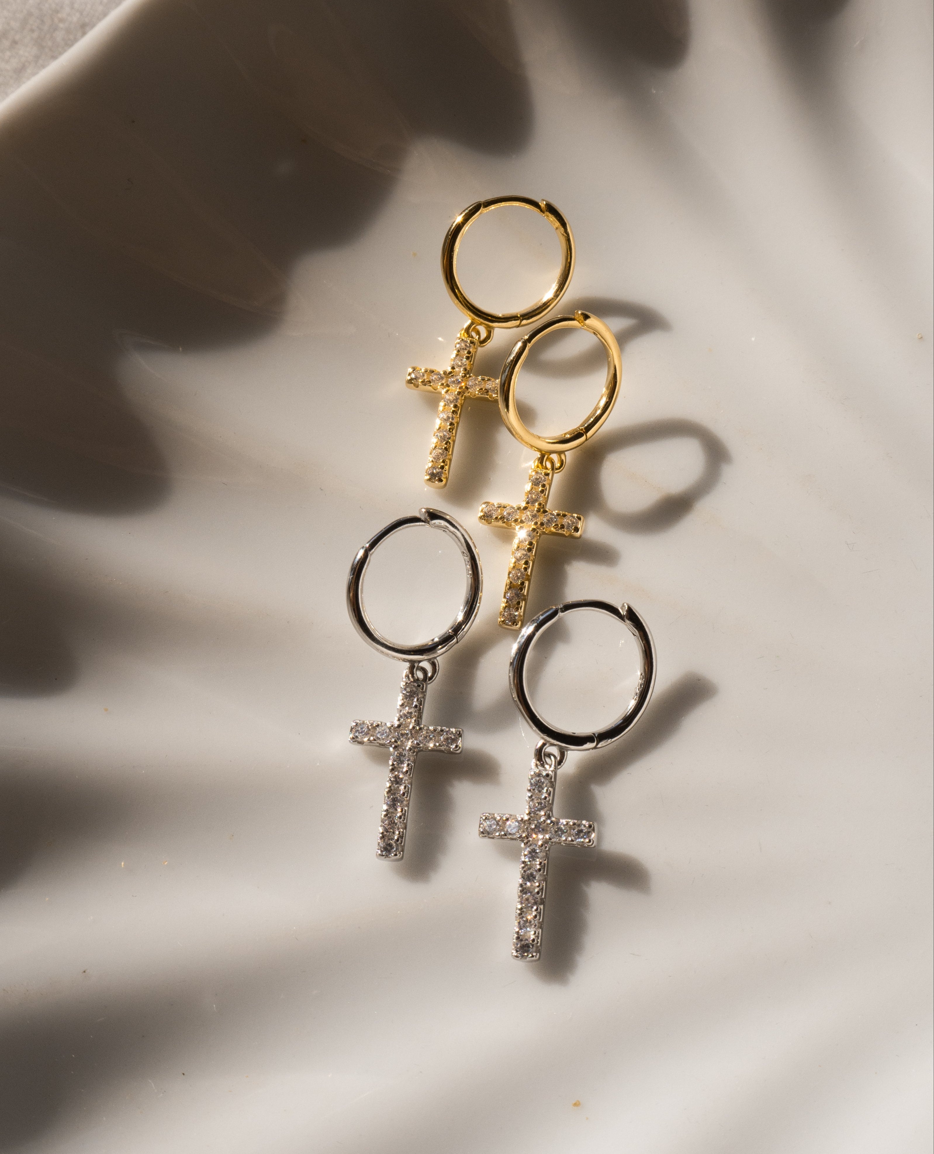 Pave Cross Huggies | Silver